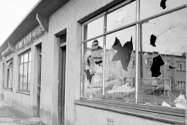 Vandalism at shops in the Southhouse housing scheme, in Liberton, in 1963.