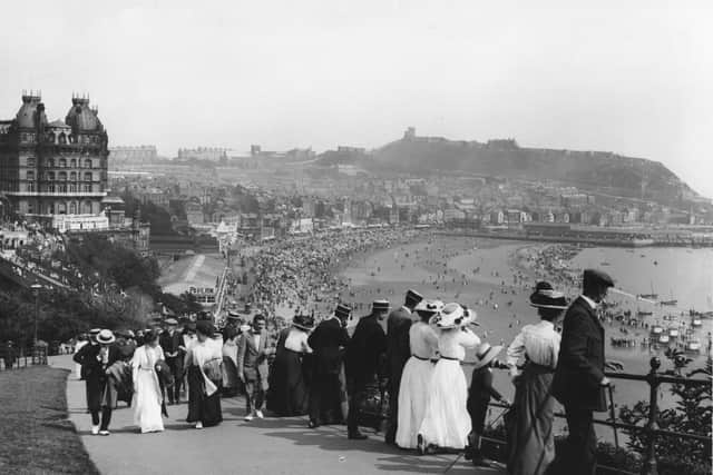 circa 1911:  A view of Scarborough, North Yorkshire, from the esplanade.  (Photo by Hulton Archive/Getty Images)