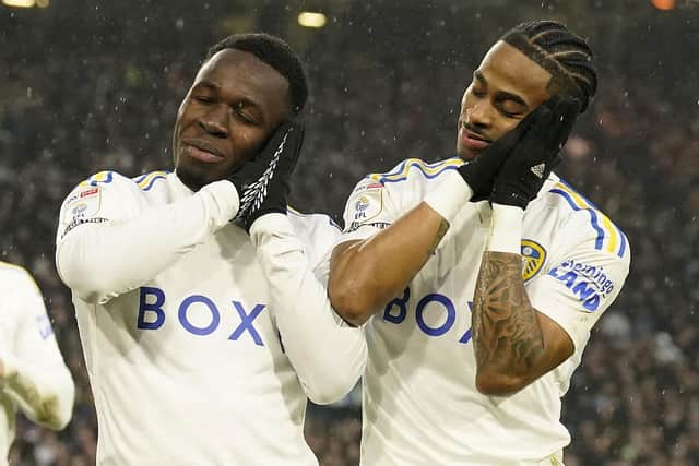 Leeds United's Crysencio Summerville (right) celebrates scoring their side's second goal of the game with Wilfried Gnonto during the Sky Bet Championship match against Rotherham United at Elland Road. Photo: Danny Lawson/PA Wire.