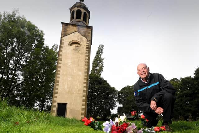 Ian Philp from the Friends group pictured by the grave of Ann Walker at Lightcliffe Tower. (Pic credit: Simon Hulme)