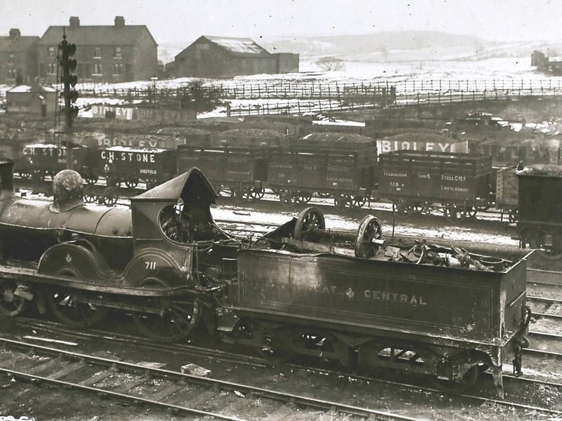 A damaged engine of the Great Central Railway after the disaster at Woodhouse near Sheffield in February 1908. Just after midnight on Saturday 29th, a rear end collision occurred between two engines on the Great Central Railway between Woodhouse East and West Junctions.