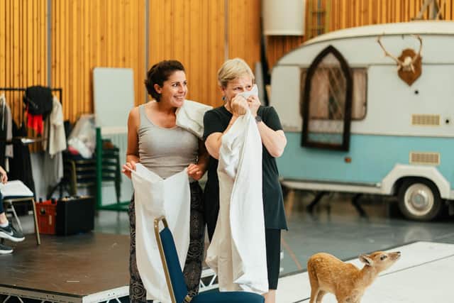 Helen Évora as Meg Page and Louise Winter as Mistress Quickly in rehearsal for Falstaff. Picture: Tom Arber.