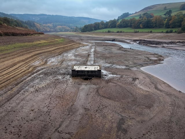 An aerial view of the of the pump house which provided water to Derwent Village, flooded in the 1940s to provide drinking water for the East Midlands and Sheffield, exposed due to the low water level at Ladybower Reservoir and drought conditions. (Photo by Christopher Furlong/Getty Images)