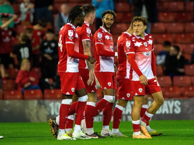 Barry Cotter celebrates scoring Barnsley's opening goal against Peterborough. Picture: Bruce Rollinson