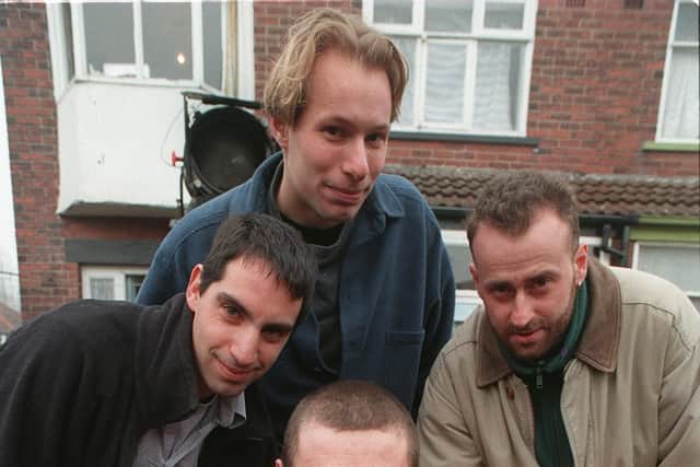 Ed Fraiman and Mark Johnson (back row) during the filming of Guardian Angel in Leeds in 1996.