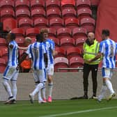 Huddersfield Town winger Sorba Thomas celebrates the visitors' goal at Middlesbrough on Saturday. Picture: Jonathan Gawthorpe