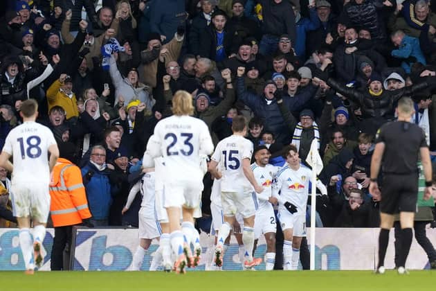 OPENING GAMBIT: Brenden Aaronson (right) celebrates putting Leeds United in front but the lead was short-lived (Image: Danny Lawson/PA Wire)