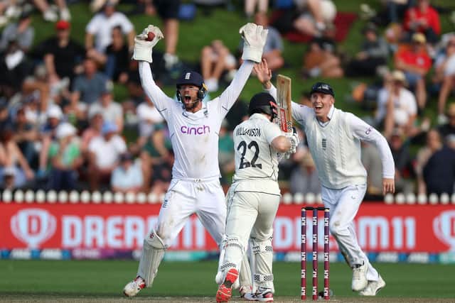 England's wicket keeper Ben Foakes (L) appeals for a catch call on New Zealand's Kane Williamson (C) with team mate Joe Root (R) during day three of the second cricket test match between New Zealand and England at the Basin Reserve in Wellington (Picture: MARTY MELVILLE/AFP via Getty Images)