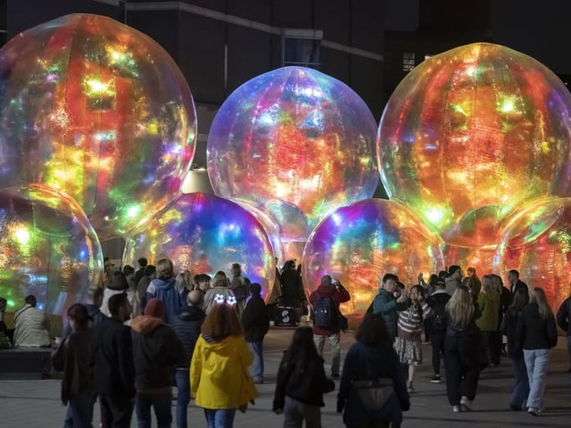 People view light installation Evanescent by artist Atelier Sisu, part of Light Night Leeds, the UK's largest annual arts and light festival. Photo credit: Danny Lawson/PA Wire
