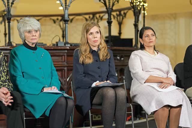 Joanna Simpson's mother Diana Parkes, Carrie Johnson and Priti Patel in Westminster, London, for the launch of a campaign to prevent release of killer Robert Brown.