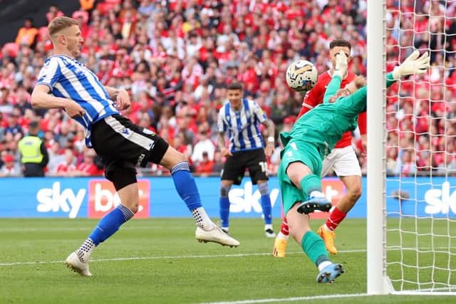 FANTASTIC SEASON:  Sheffield Wednesday's Michael Smith forces a save from Harvey Isted at Wembley
