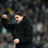 Leeds United's Daniel Farke celebrates at full-time after the dramatic win over leaders Leicester City. Picture: Jonathan Gawthorpe