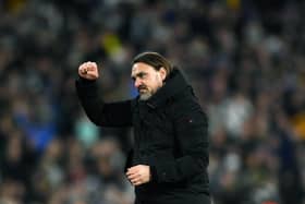 Leeds United's Daniel Farke celebrates at full-time after the dramatic win over leaders Leicester City. Picture: Jonathan Gawthorpe