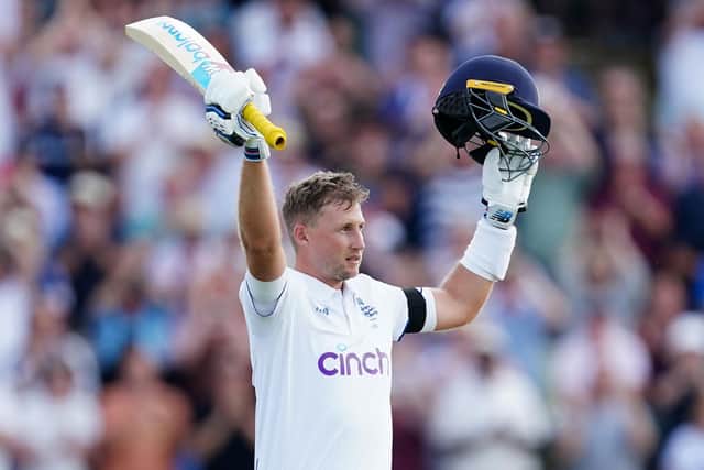 TON UP: England's Joe Root celebrates reaching his century on day one of the first Ashes Test against Australia at Edgbaston Picture: Mike Egerton/PA