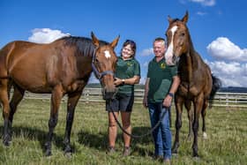 Pam and Keith Atkinson at New Beginnings Horses near Pocklington with Nearly Caught and Chill the Kite. They take in ex race horses and work with them to eventually rehome them.