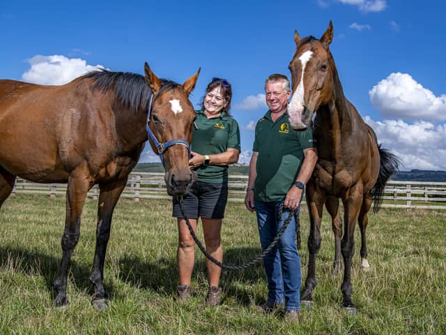 Pam and Keith Atkinson at New Beginnings Horses near Pocklington with Nearly Caught and Chill the Kite. They take in ex race horses and work with them to eventually rehome them.