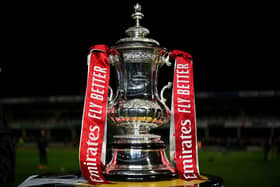 HEREFORD, ENGLAND - NOVEMBER 04: A detailed view of the Trophy prior to the FA Cup First Round match between Hereford FC and Portsmouth FC at Edgar Street Athletic Ground on November 04, 2022 in Hereford, England. (Photo by Dan Mullan/Getty Images)