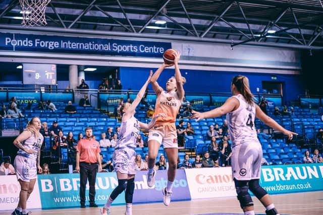 On the rise: Sheffield Hatters playing against Newcastle Eagles at Ponds Forge. They usually play at All Saints but as of September will move into the new Park Community Arena developed by Canon Medical Systems with the Sheffield Sharks. (Picture: Adam Bates)