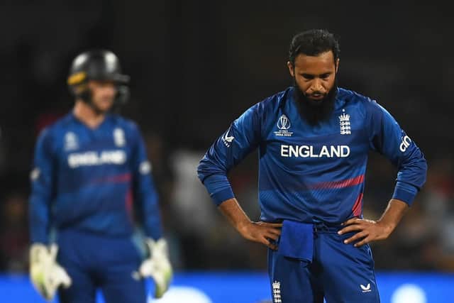 Down and out. Adil Rashid's expression says it all. Photo by Gareth Copley/Getty Images.