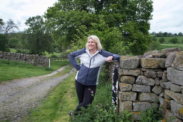 Sara Davies on a walk through the Swinton Estate in Nidderdale, North Yorkshire, for the BBC. Photo by Tim Smith.