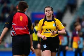 Niamh O'Connor, 18, refereeing an exhibition game at Twickenham before England v Italy in the Six Nations.