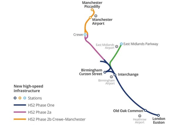 The current plan for the HS2 route, after the leg to Leeds was scrapped in 2021
