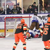 DOUBLE DELIGHT: Mitchell Balmas (far right) scores the first his two goals in Sheffield Steelers' 4-1 win at Manchester Storm on New Year's Day. Picture: Dean Woolley/Steelers Media.