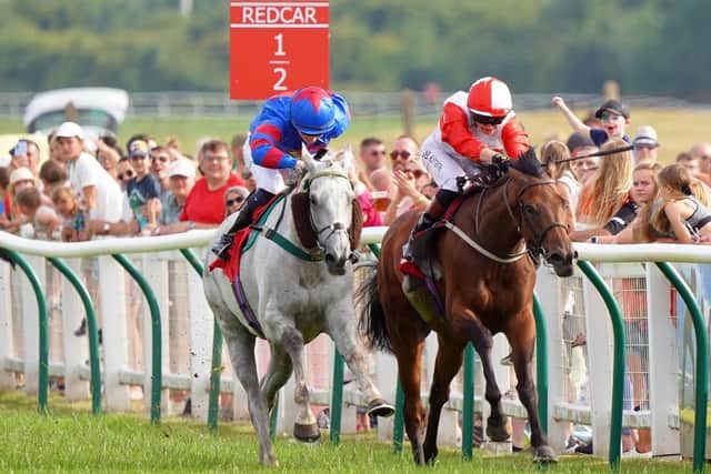 Winning ride: Ryan Sexton wins the Go Racing In Yorkshire Future Stars Apprentice Handicap at Redcar in July 2022 for trainer Phil Kirby.