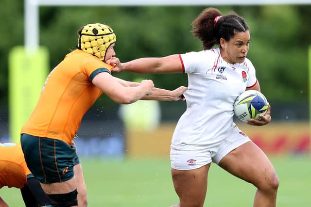 Kirbymoorside's former West Park Leeds player Tatyana Heard of England fends off Liz Patu of Australia during Rugby World Cup 2021 New Zealand quarterfinal (Picture: Phil Walter/Getty Images)