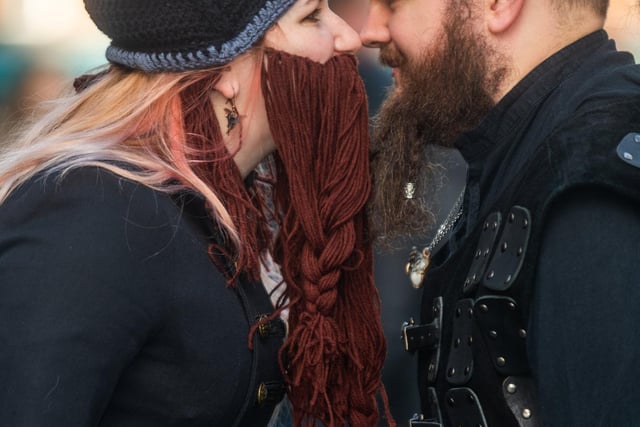 Visitors to the festival Luna Okanovic, with her partner Kron Gehring, of Middlesborough, both taking part in the adult 'Best Beard' competition for males and females.