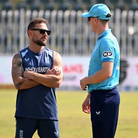 TEAM WORK: England head coach, Brendon McCullum chats with captain Harry Brook in Rawalpindi and envisages a close working relationship with Test head coach and fellow New Zealander, Stephen Fleming. Picture: Sameer Ali/Getty Images.