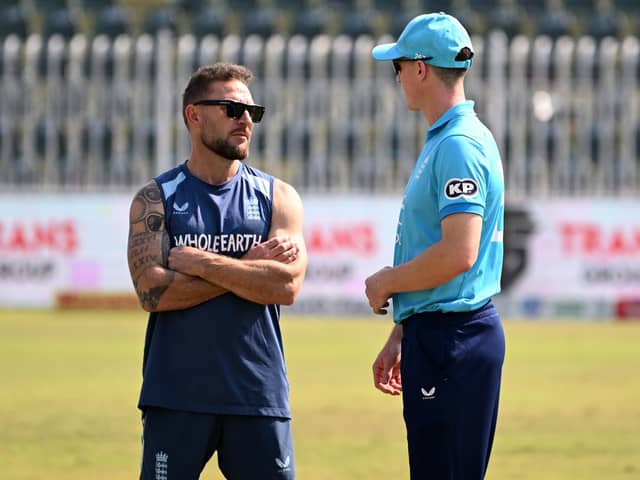TEAM WORK: England head coach, Brendon McCullum chats with captain Harry Brook in Rawalpindi and envisages a close working relationship with Test head coach and fellow New Zealander, Stephen Fleming. Picture: Sameer Ali/Getty Images.