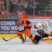 KEY MOMENT: Sheffield Steelers' Brendan Connolly slots home the match-winning penalty shot in the shoot-out against Nottingham Panthers. Picture courtesy of Dean Woolley/EIHL.