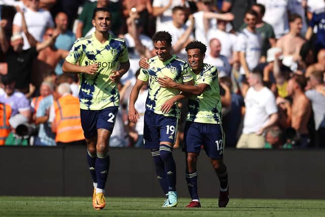 Rodrigo Moreno of Leeds United celebrates with team mate Tyler Adams after scoring his side's second goal at Southampton. Picture: Eddie Keogh/Getty Images.