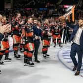 MEMORABLE NIGHT: Sheffield Steelers' head coach Aaron Fox lifts the trophy after his team beat Guildford Flames 3-1 in the Challenge Cup Final at the Utilita Arena on Wednesday. Picture: Tony Johnson