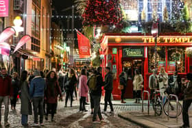 File photo dated 22/01/22 of people out socialising in Temple Bar in Dublin city centre as people attending someone else's stag or hen do typically face paying £779 in the UK or £1,208 if they go abroad, a survey indicates. Picture: Damien Storan/PA Wire