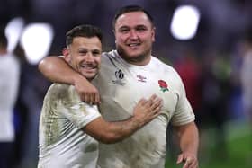 GOING THROUGH: Jamie George and Danny Care of England celebrate victory in their World Cup Quarter Final against Fiji at Stade Velodrome Picture: David Rogers/Getty Images