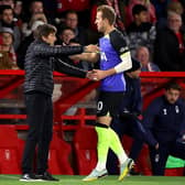 Antonio Conte, Manager of Tottenham Hotspur interacts with Harry Kane of Tottenham Hotspur during the Carabao Cup Third Round match between Nottingham Forest and Tottenham Hotspur at City Ground (Picture: Catherine Ivill/Getty Images )