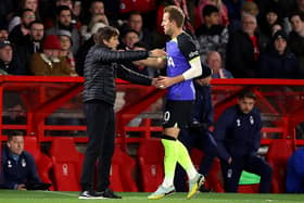 Antonio Conte, Manager of Tottenham Hotspur interacts with Harry Kane of Tottenham Hotspur during the Carabao Cup Third Round match between Nottingham Forest and Tottenham Hotspur at City Ground (Picture: Catherine Ivill/Getty Images )