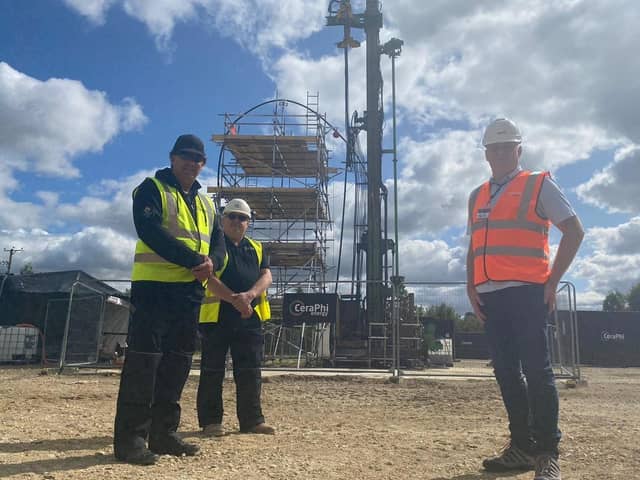 From left, Karl Farrow, chief executive, and Gary Williams, chief operations officer, of CeraPhi, and Third Energy director Steve Mason, at the KM8 well near Kirby Misperton
