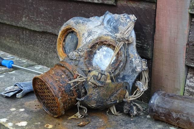 The gas mask is of a type issued to civil defence volunteers such as ARP wardens (photo: Mike Cockerill)
