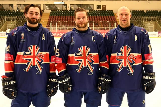 LEADERS: Sheffield Steelers' captain Rob Dowd succeeds Jonathan Phillips at international level too, after behind handed the 'C' by head coach Pete Russell. Liam Kirk (left) and Mark Richardson are the assistant captains. Picture: Ice Hockey UK