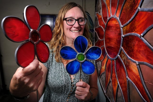 Stained Glass artist Janet Fraser with some of her work