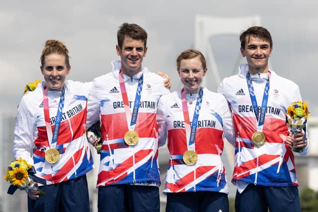 Out of his brother's shadow: Jonny Brownlee wins Olympic gold in the mixed team relay in Tokyo alongside Jessica Learmonth, Georgia Taylor-Brown and Alex Yee (Picture: Getty Images)