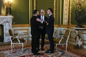 Ukraine's President Volodymyr Zelensky, Prime Minister Sir Keir Starmer and France's President Emmanuel Macron hold a meeting. PIC: Justin Tallis/PA Wire