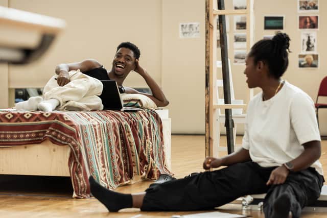 Joshua Asaré (Jamie) and Shvorne Marks (Sandra) in rehearsals for the 30th anniversary production of Beautiful Thing, coming to Leeds Playhouse in October.  Picture: The Other Richard