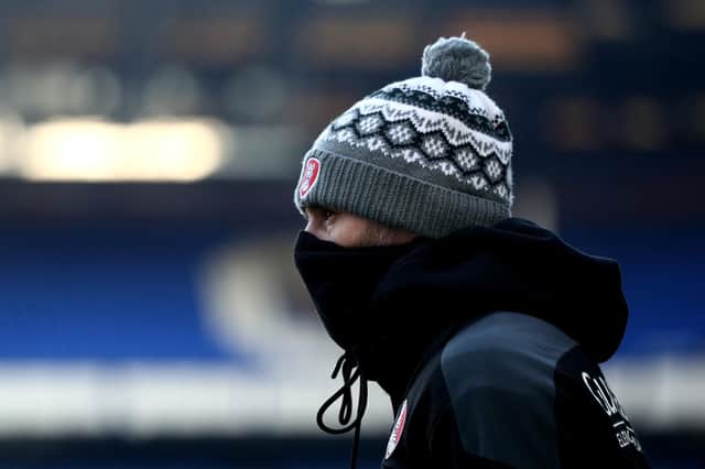 Rotherham United manager Paul Warne looks on during the FA Cup Third Round match between Everton and Rotherham United at Goodison Park on January 09, 2021 in Liverpool, England. The match will be played without fans, behind closed doors as a Covid-19 precaution.