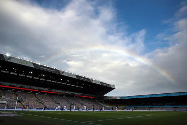 A rainbow over the ground as the action takes place on the pitch during the Sky Bet Championship match at Elland Road, Leeds in July 2020. Picture: Tim Goode/PA Wire.