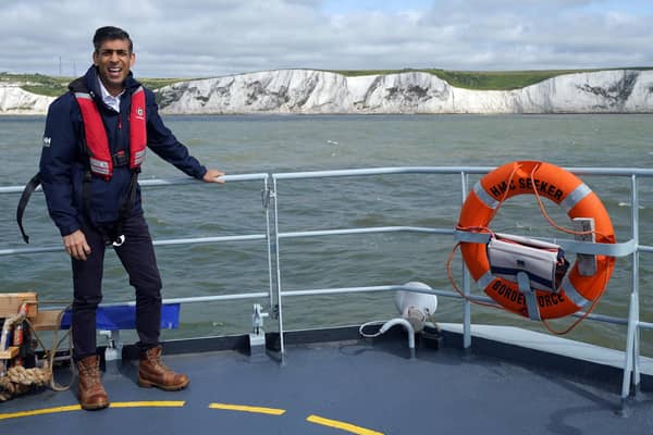 Prime Minister Rishi Sunak onboard Border Agency cutter HMC Seeker during a visit to Dover. PIC: Yui Mok/PA Wire