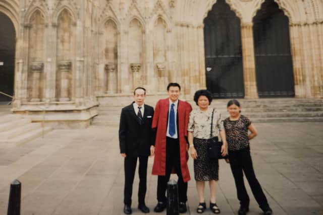 Alan with his parents and sister outside York Minster for the St Peter’s School Commemoration and Prizegiving in 2002